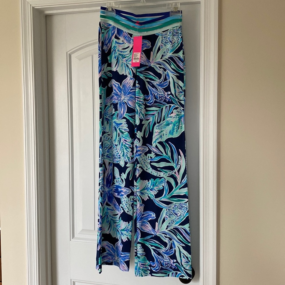 NWT XS Lilly Pulitzer Georgia May Palazzo Pant in High Tide Navy Ready Set Gecko